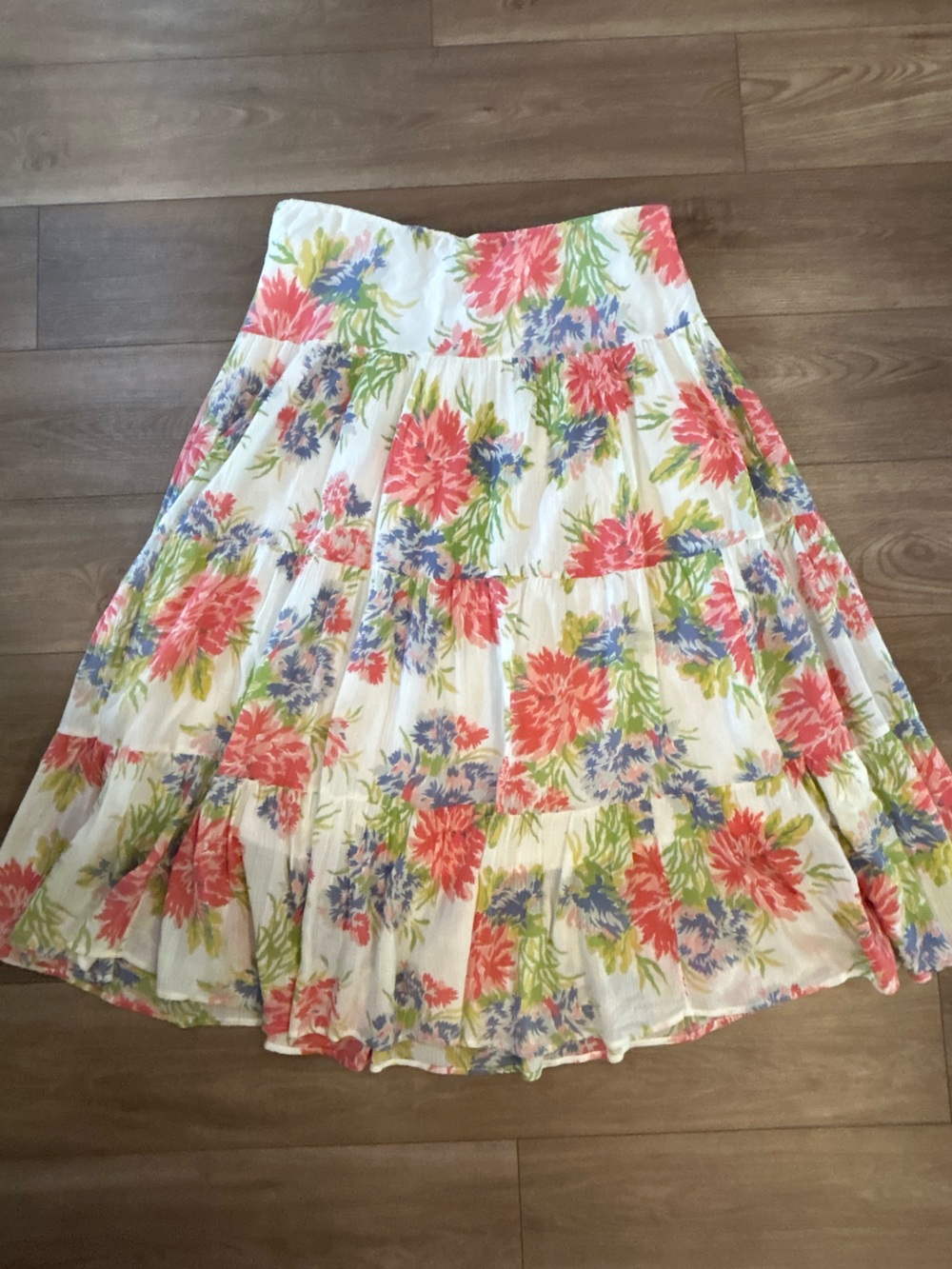 Chaps Denim Floral Tiered Midi Skirt XL Cottagecore Boho